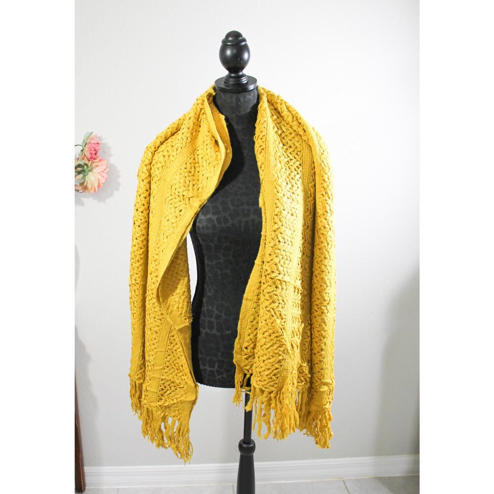 New Mustard Crochet Fringed Scarf- Can Double As A Throw Blanket / Beach Wrap